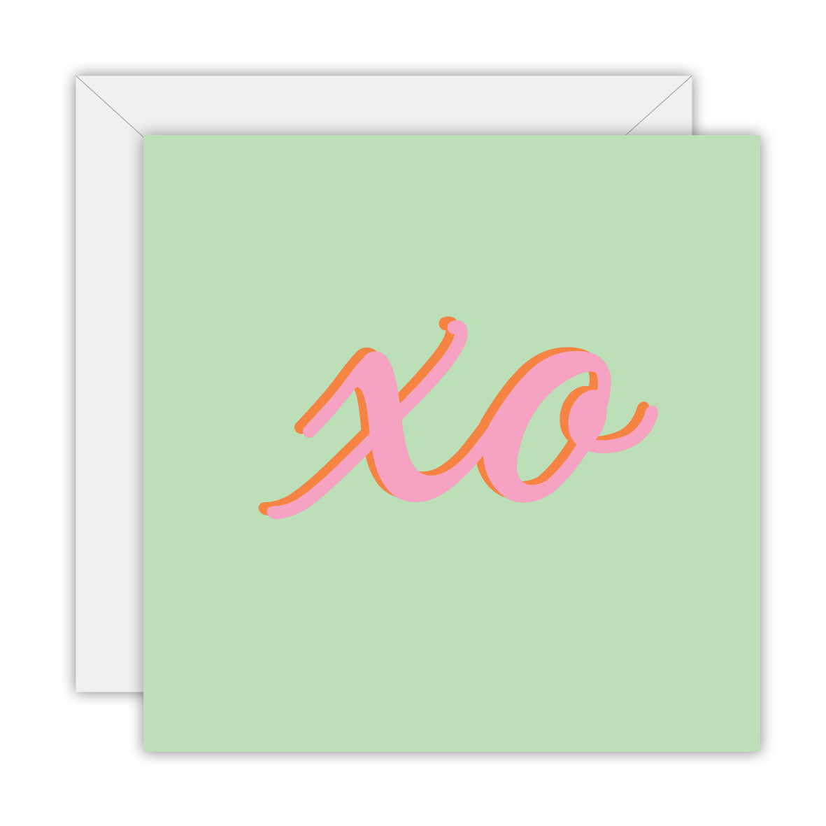 Square mint green card with a large pink xo in script, on a white envelope