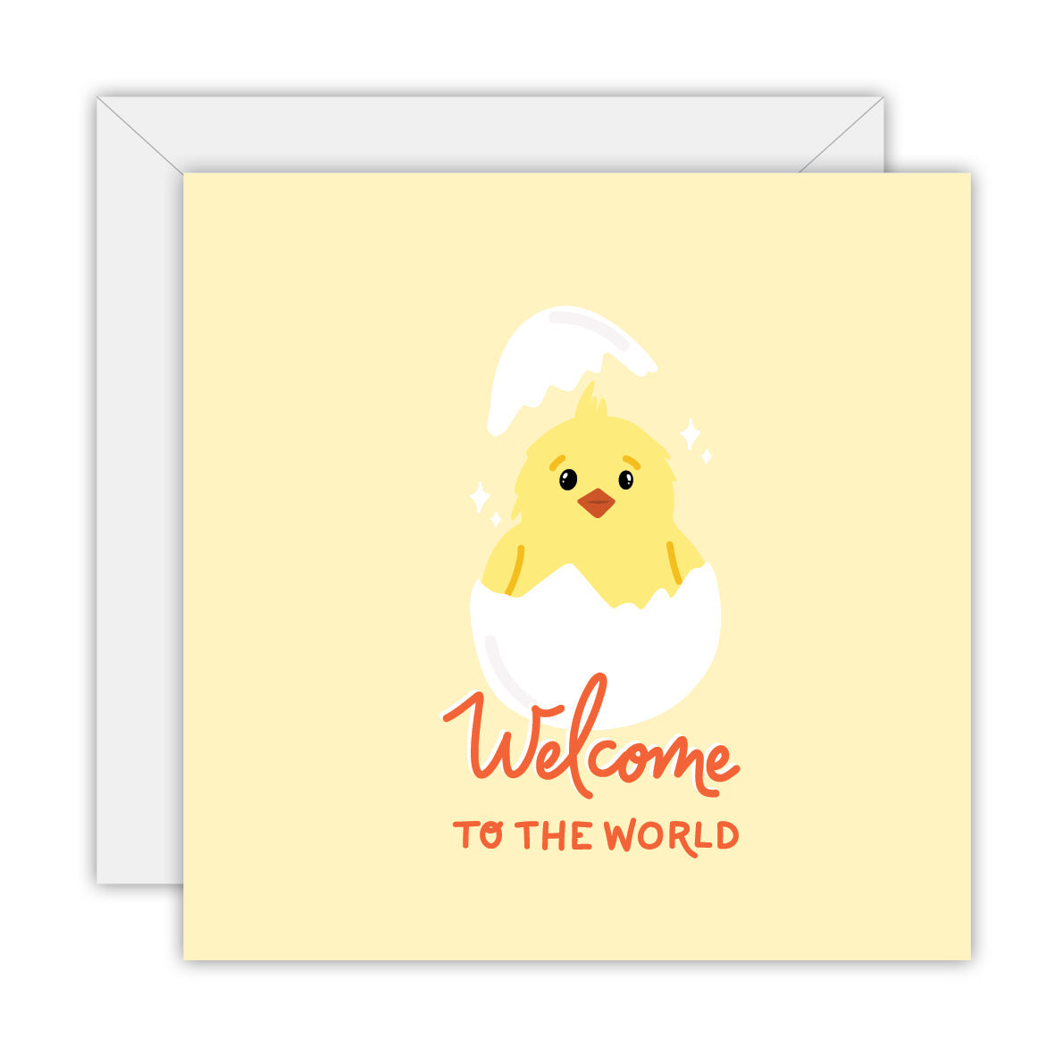 Square pale yellow card with a chick hatching from its egg and the words Welcome to the world, on a white envelope