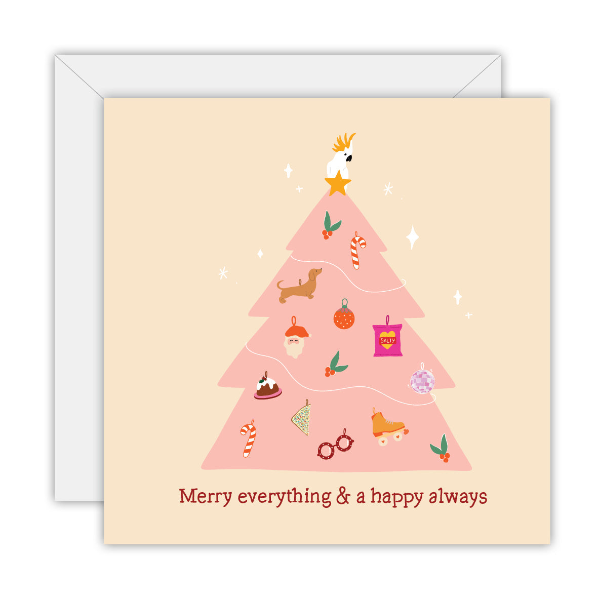 Square cream card with a pink Christmas tree topped by a cockatoo and hung with Aussie ornaments, lettered Merry everything & a happy always, on a white envelope