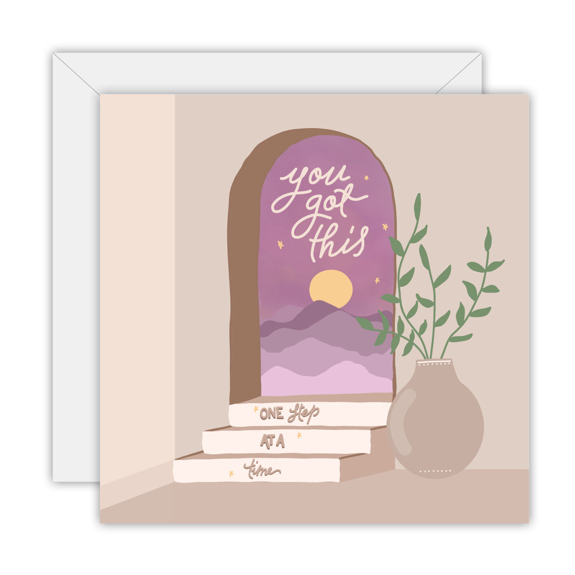 Square beige card with an arched doorway onto a purple sunset lettered you got this, steps marked one step at a time and a vase of leaves, on a white envelope