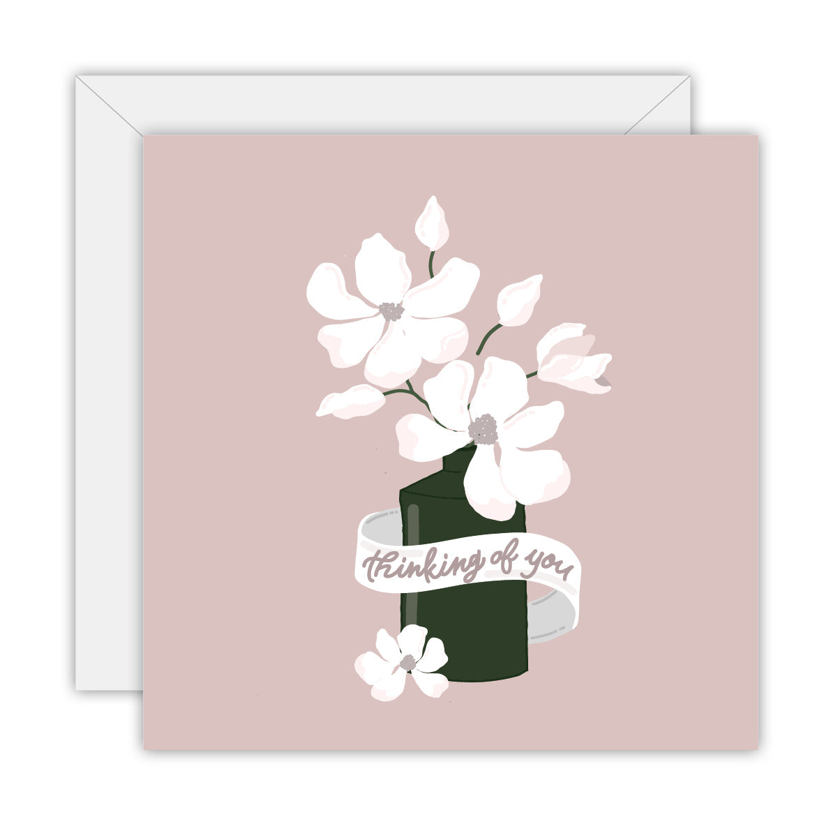 Square mauve card with white magnolias in a dark green vase and a thinking of you ribbon, on a white envelope