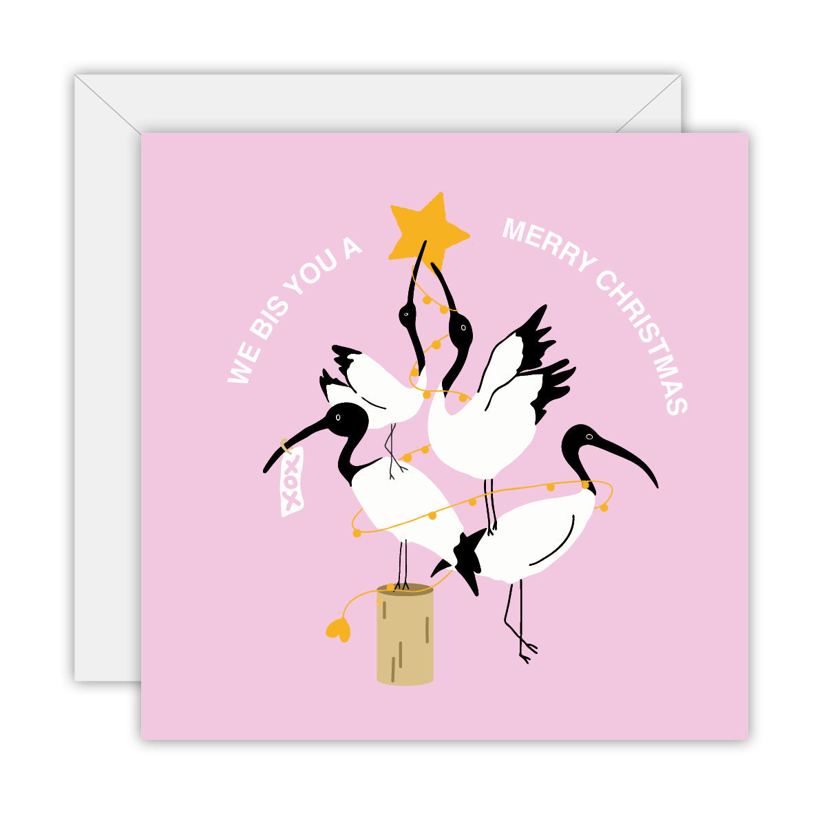 Square pink card with white ibises stacked into a Christmas tree with fairy lights and a gold star, lettered We bis you a merry Christmas, on a white envelope