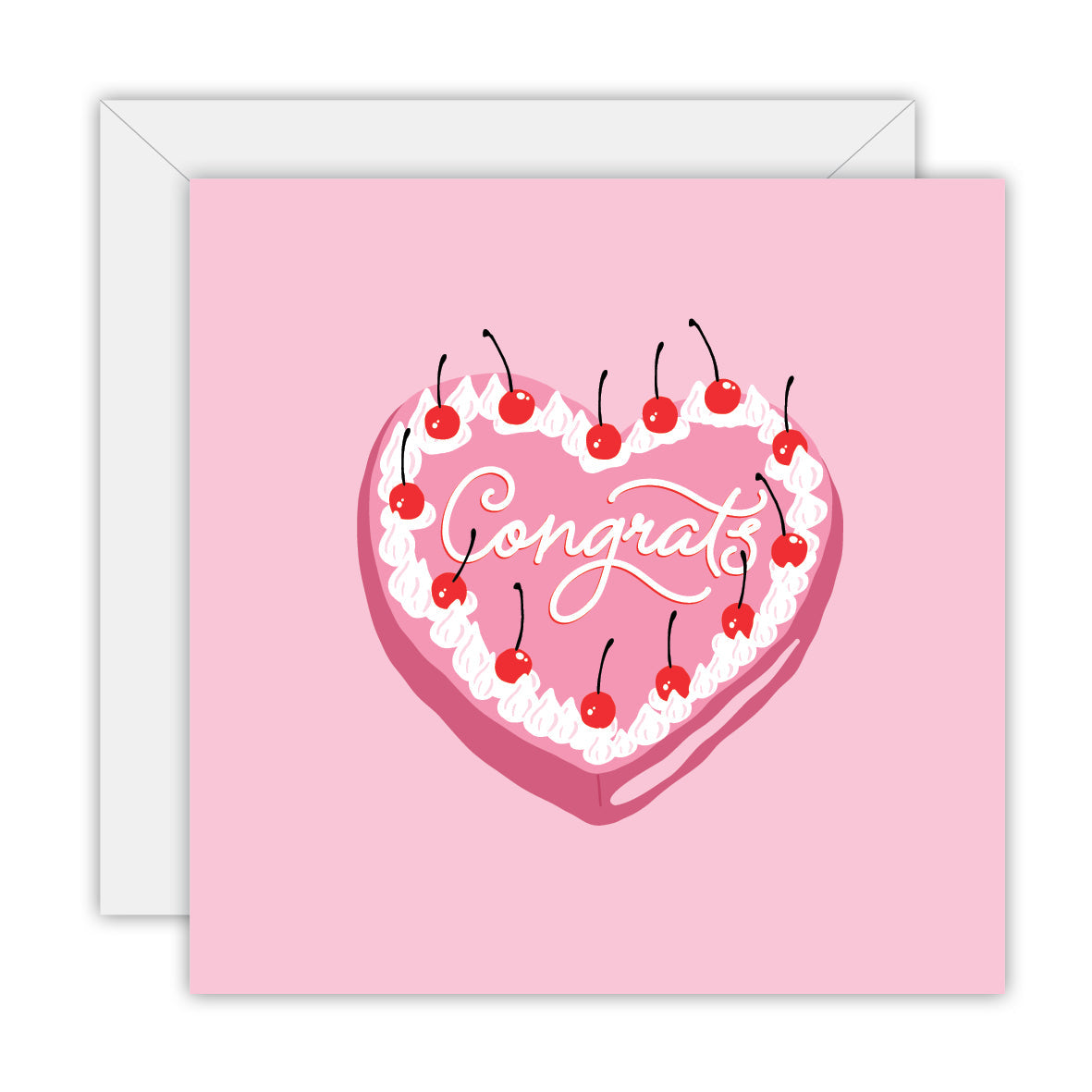 Square pink card with a heart-shaped cherry cake lettered Congrats, on a white envelope