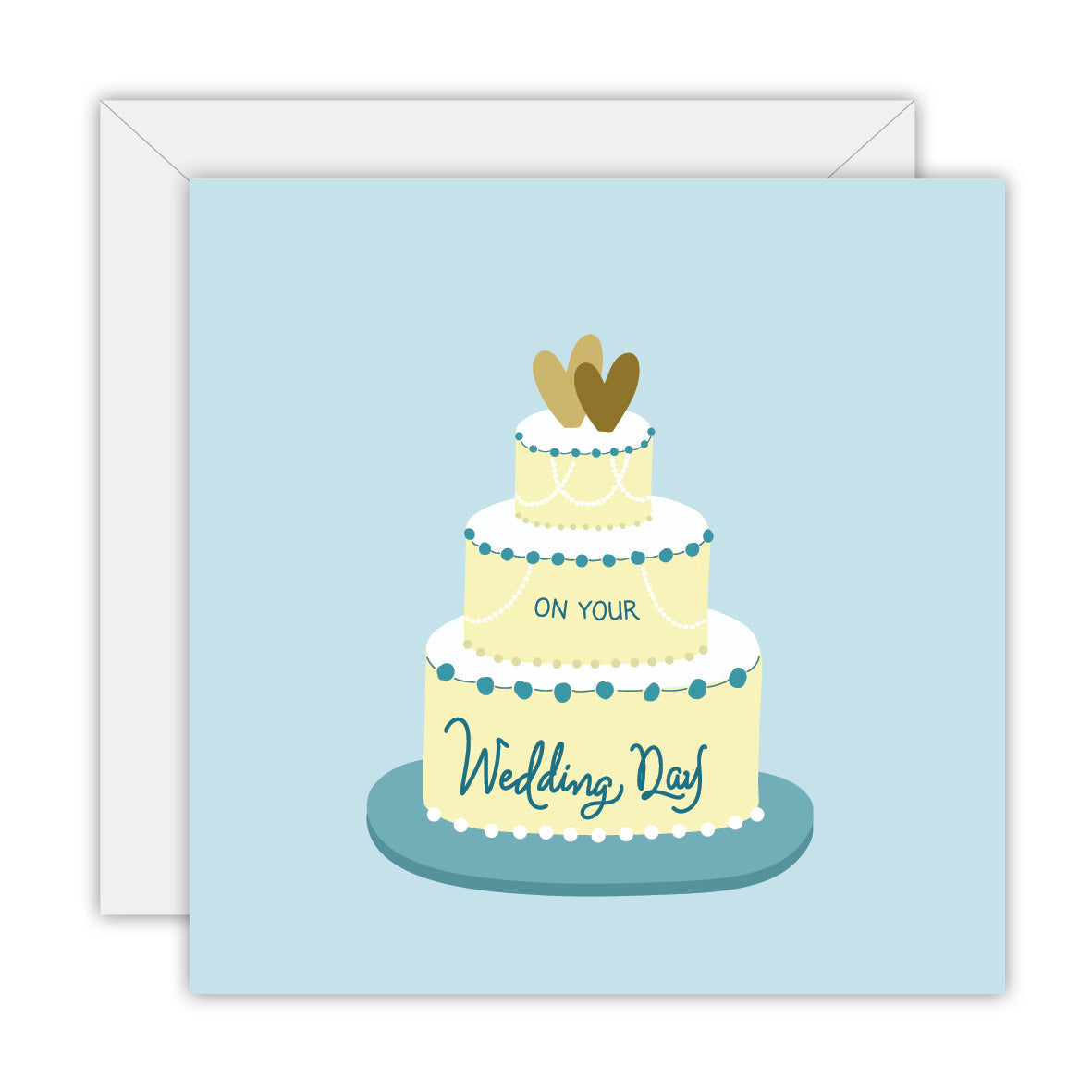 Square powder-blue card with a three-tier wedding cake topped with gold hearts, lettered On your Wedding Day, on a white envelope