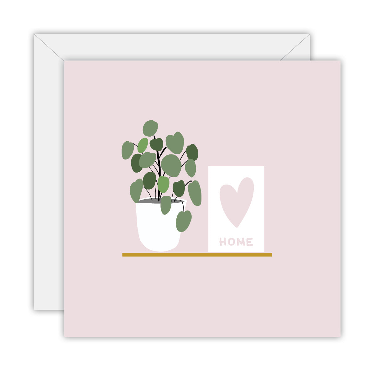 Square pale pink card with a potted plant on a gold shelf beside a framed pink heart lettered home, on a white envelope