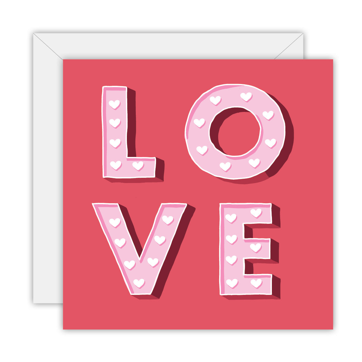 Square raspberry-red card with LOVE in pink block letters dotted with white hearts, on a white envelope