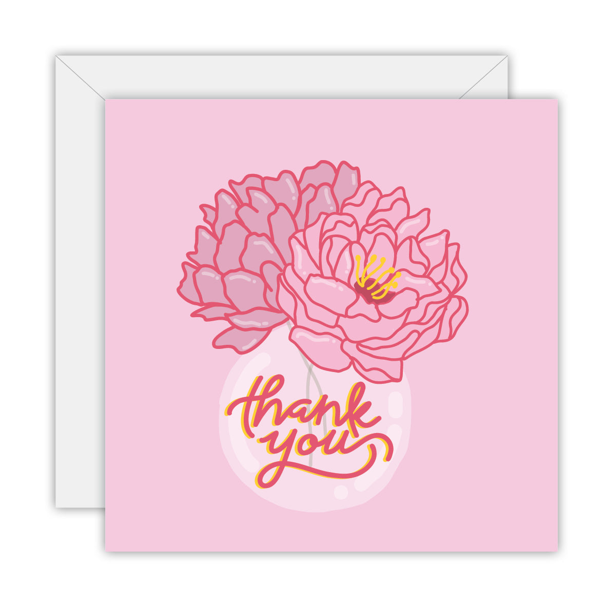 Square pink card with a pink peony in a round glass vase lettered thank you, on a white envelope