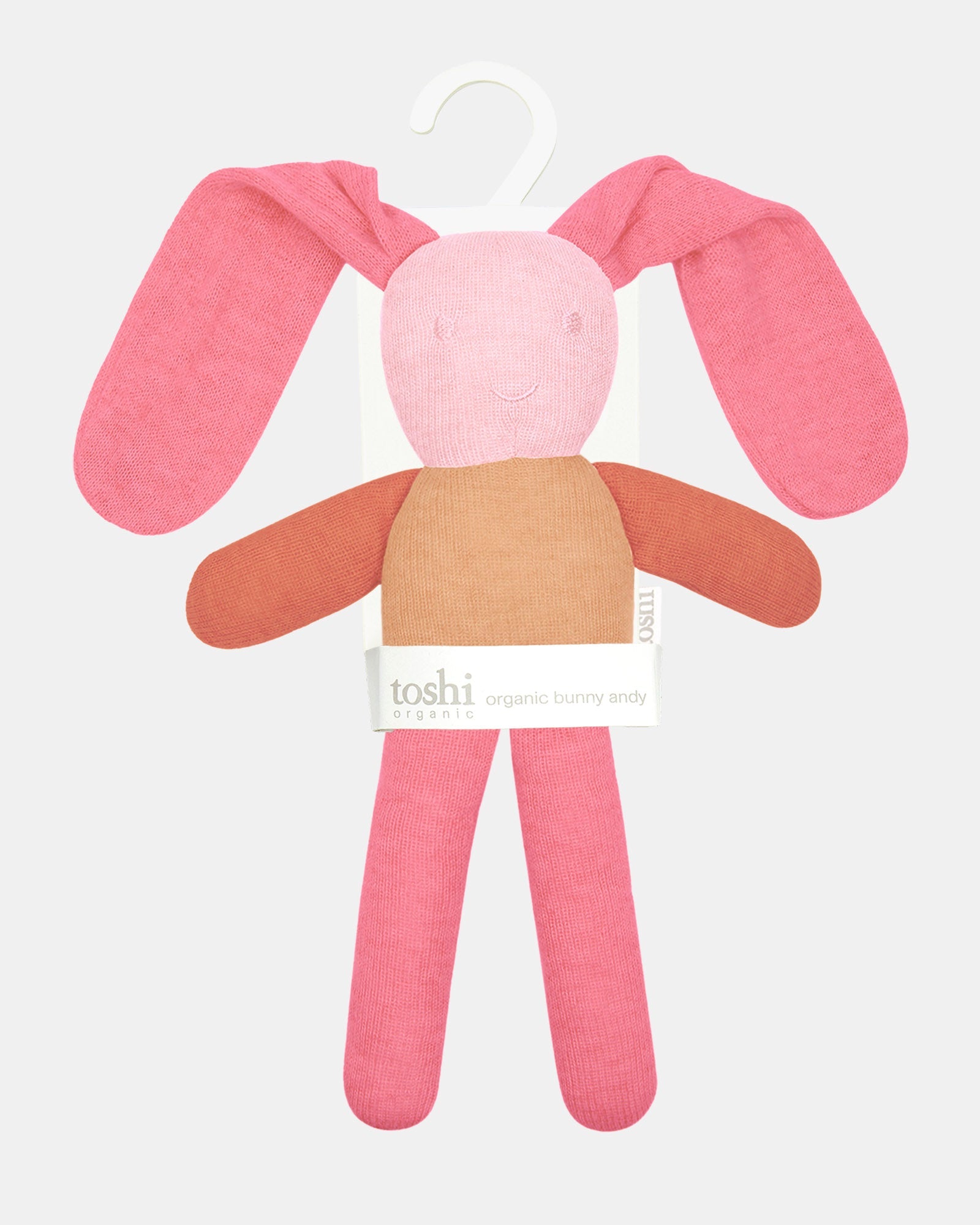 The misty rose Bunny Bobby on its Toshi organic hanging card, ready to gift