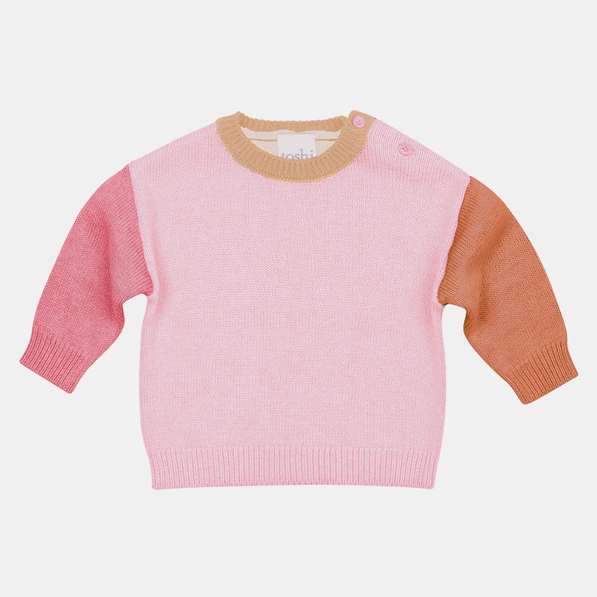 Toshi Organic Pullover Bobby Misty Rose, a pink knit with terracotta and rust colour-block sleeves and a tan collar, laid flat