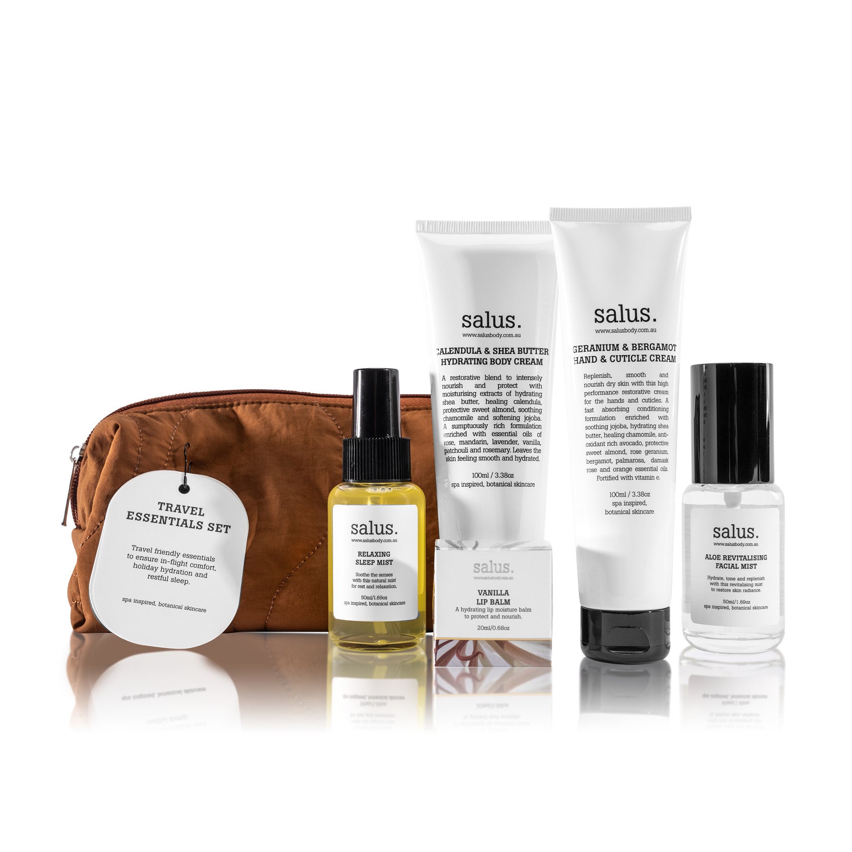 Salus Travel Essentials Set with tan travel bag, sleep mist, lip balm, body cream, hand cream and facial mist