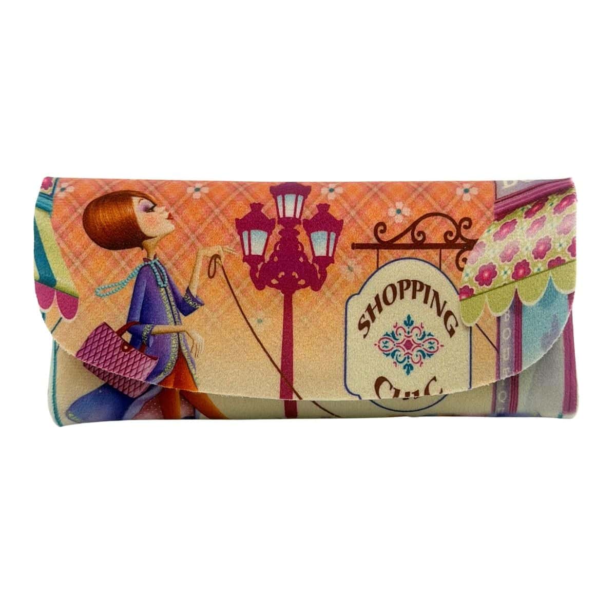 Velour glasses case with Nina de San's Lady with Westie illustration: a woman in purple with a pink handbag under a lamppost by a Shopping Chic sign, a small white dog at her feet.