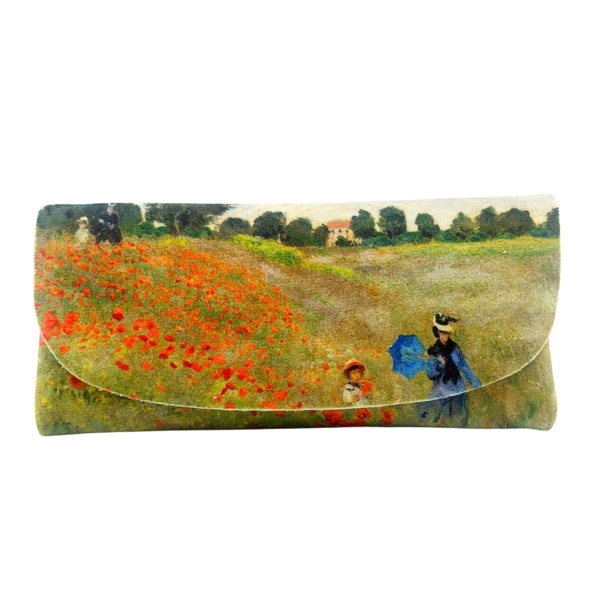 Velour glasses case printed with Monet's Poppy Field, red poppies under a cloudy sky.