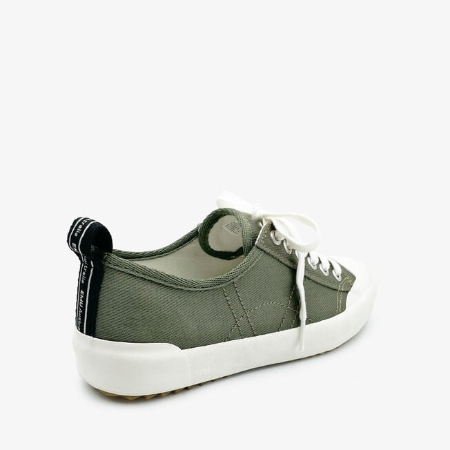 Dark olive Hosier sneaker from the back showing black heel pull tab