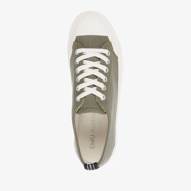 Top-down view of the dark olive Hosier sneaker with white laces
