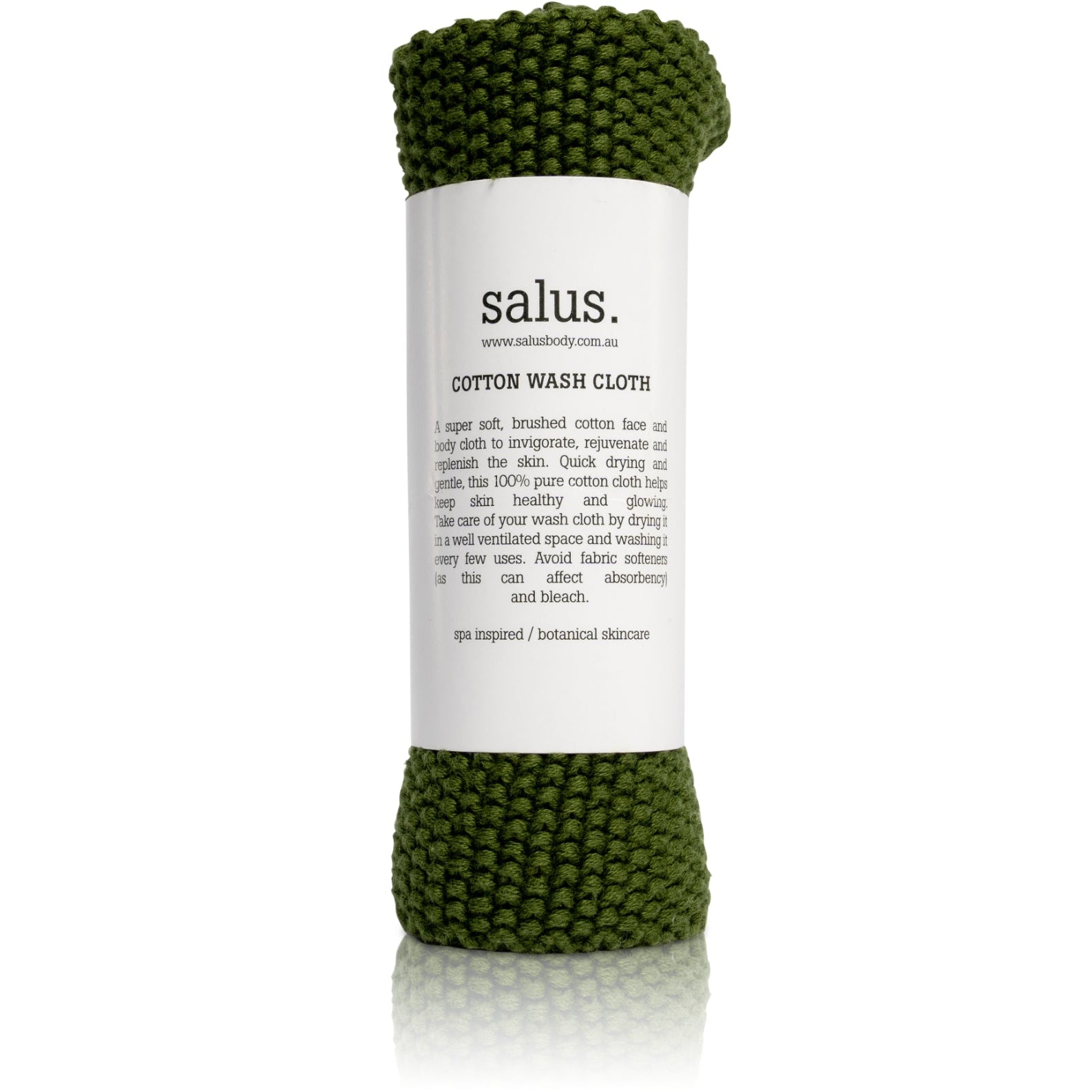 Knitted Salus Cotton Wash Cloth in green, rolled with paper label