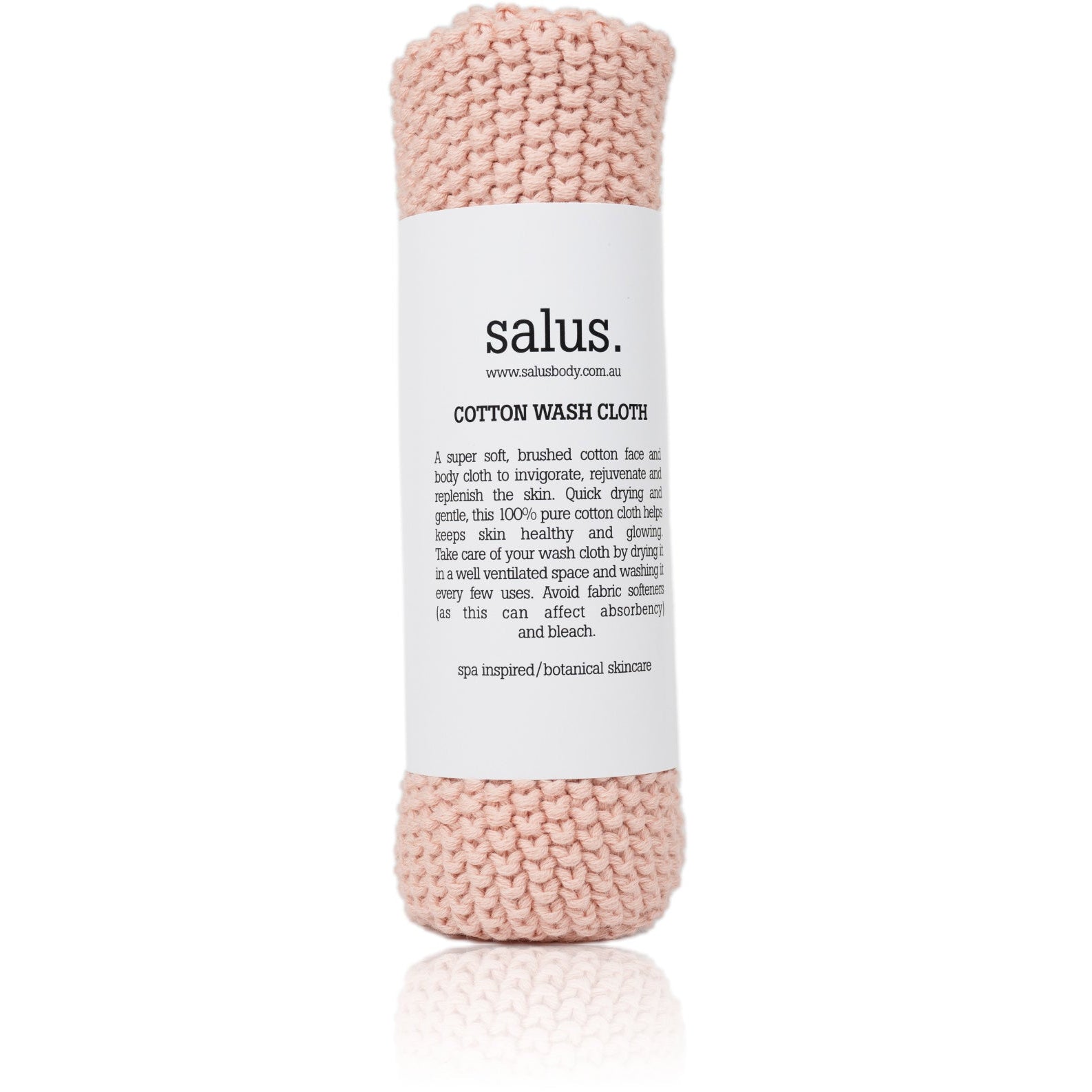 Knitted Salus Cotton Wash Cloth in pink, rolled with paper label