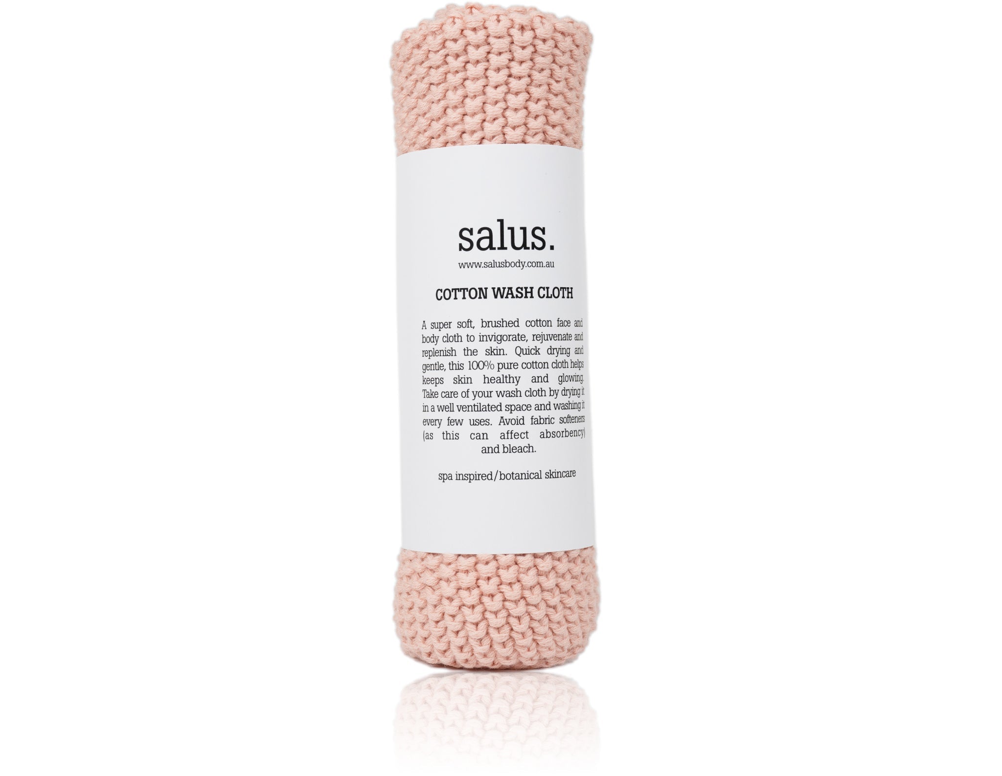 Knitted Salus Cotton Wash Cloth in pink, rolled with paper label