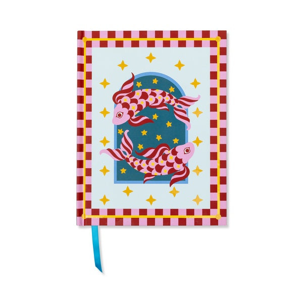 A Dopo journal with two red and pink koi fish inside a red chequered border, a blue ribbon marker