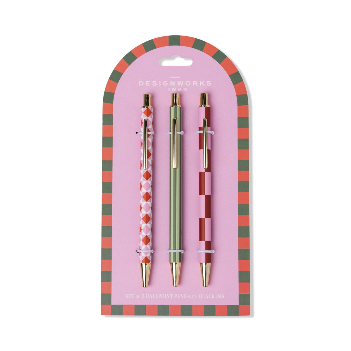 Three ballpoint pens, pink and red diamond, sage green and pink and burgundy check, clipped to an arched pink card
