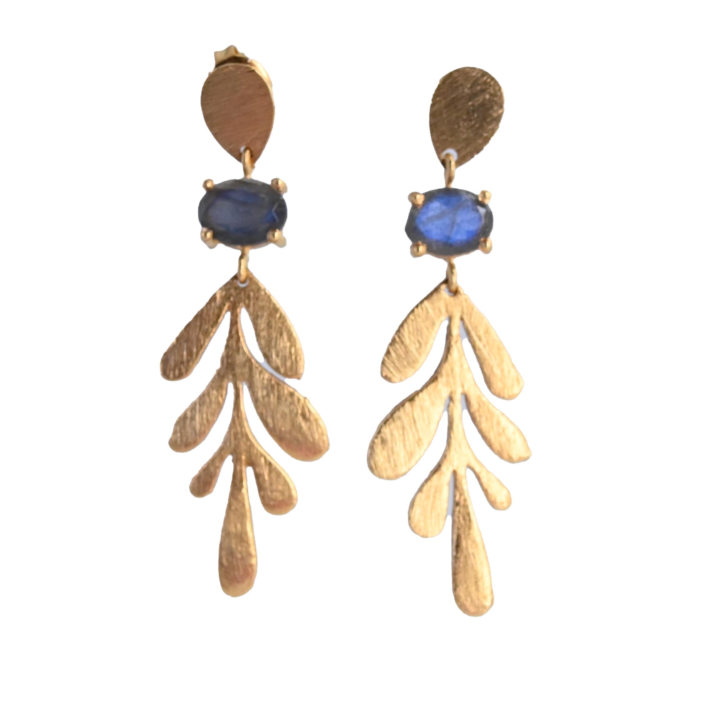Brushed Euro Gold leaf earrings with sapphire-blue oval gems