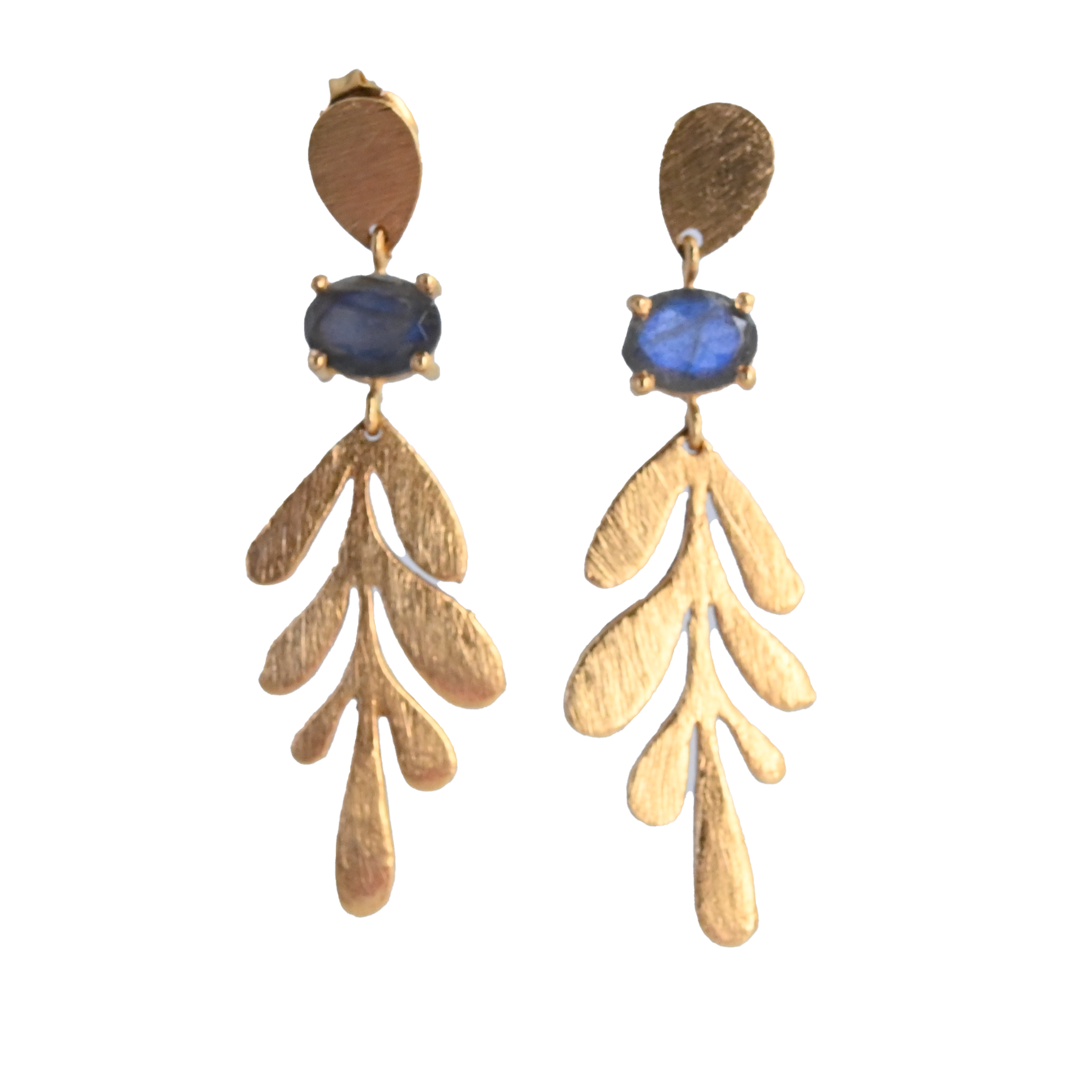Euro Gold leaf earrings with blue sapphire-style gems on black background
