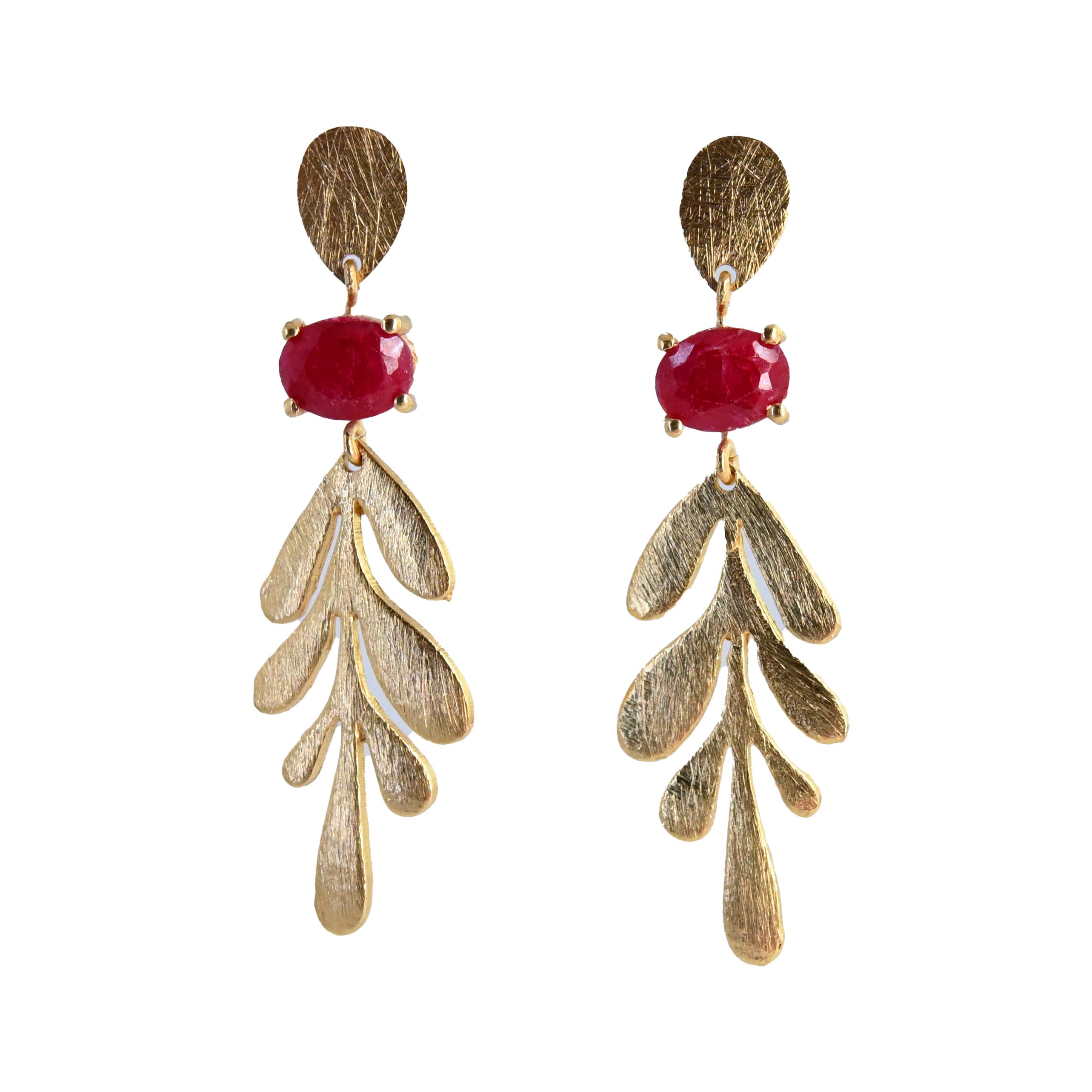 Brushed Euro Gold leaf earrings with ruby-red oval gems