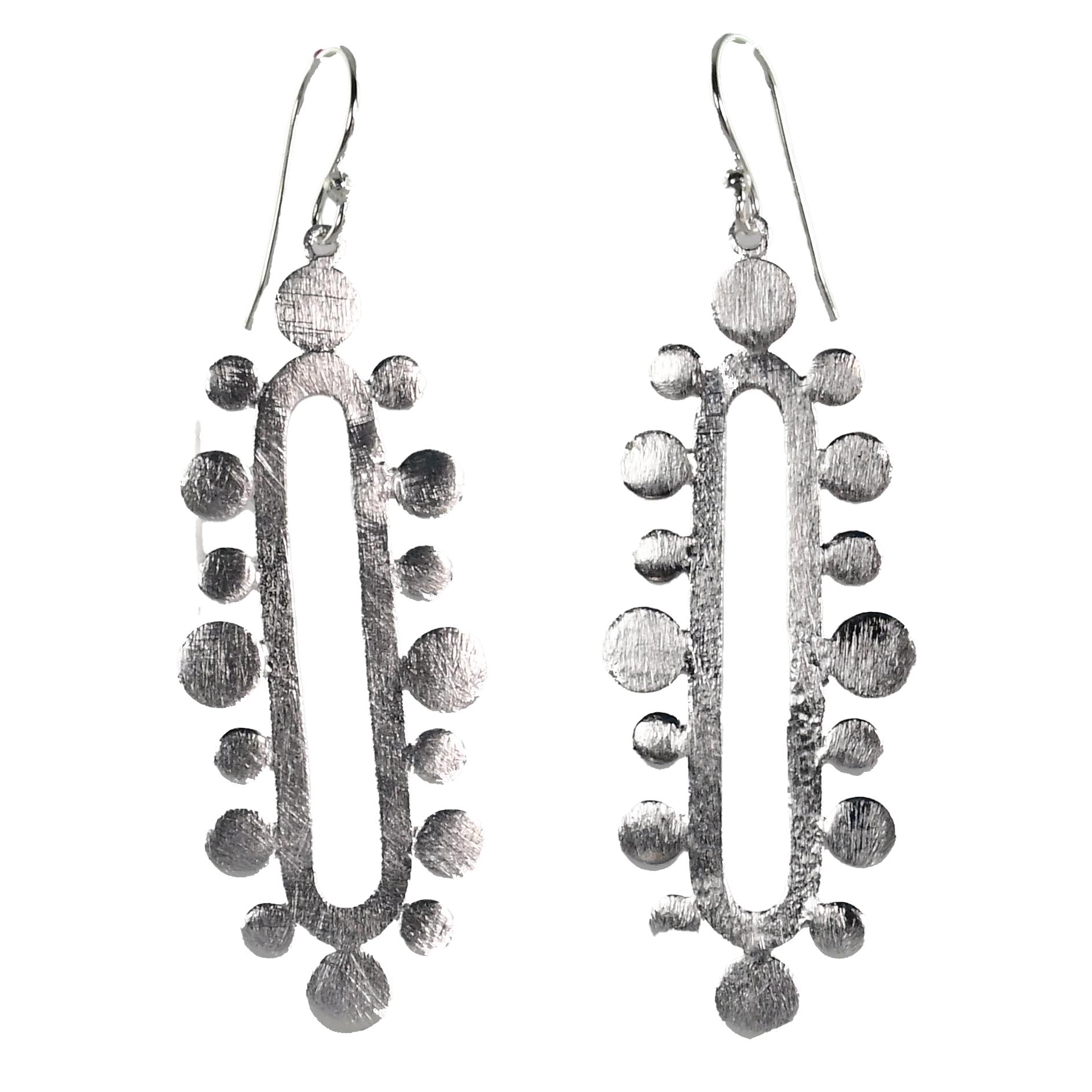 Silver wash statement drop earrings — an open oval framed by brushed silver discs