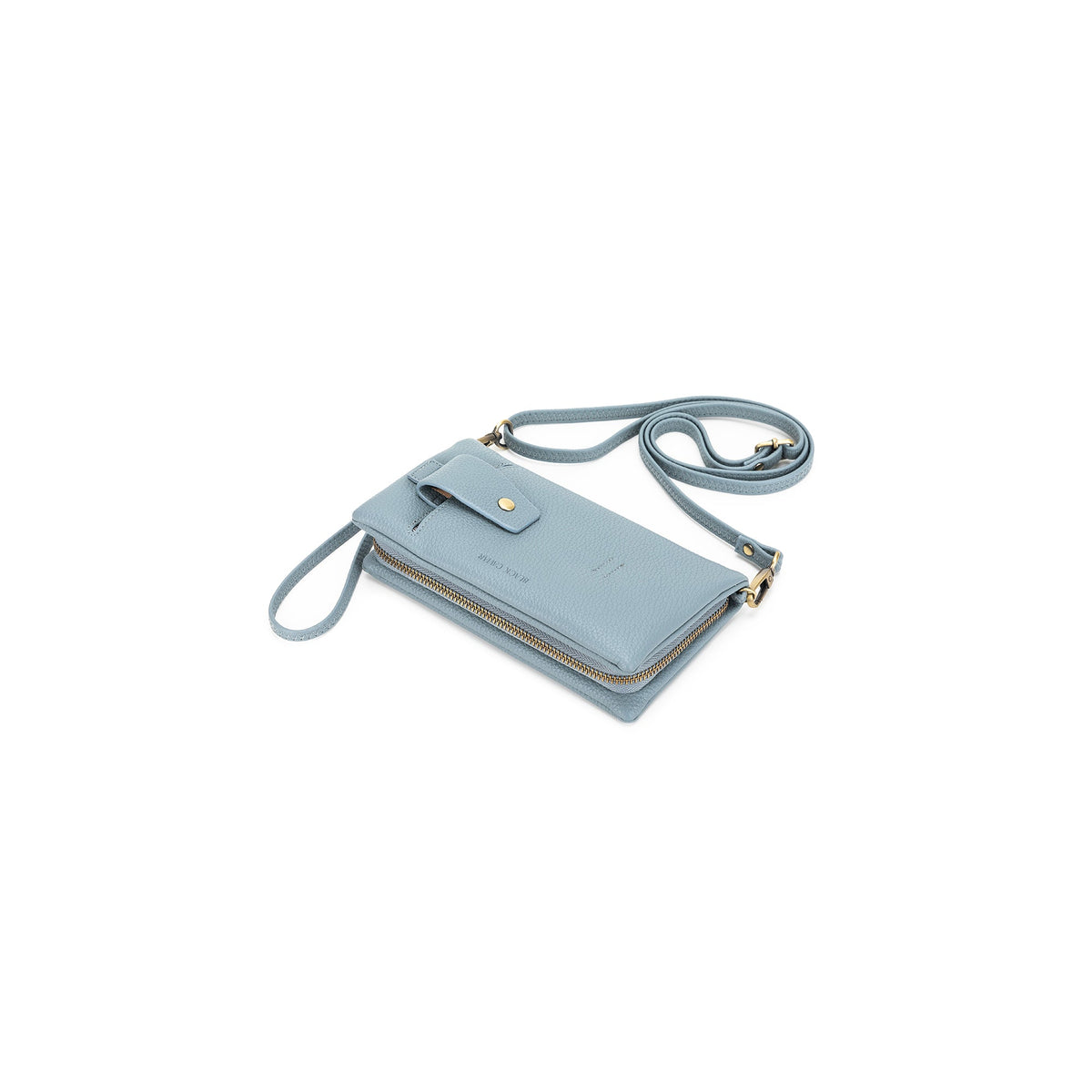 The pale blue wallet lying at an angle with the long strap looped behind.