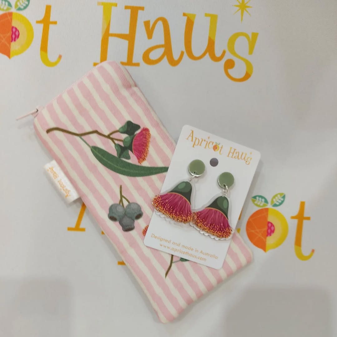 Apricot Haus Eucalyptus Blossom Earrings on branded card with matching pouch