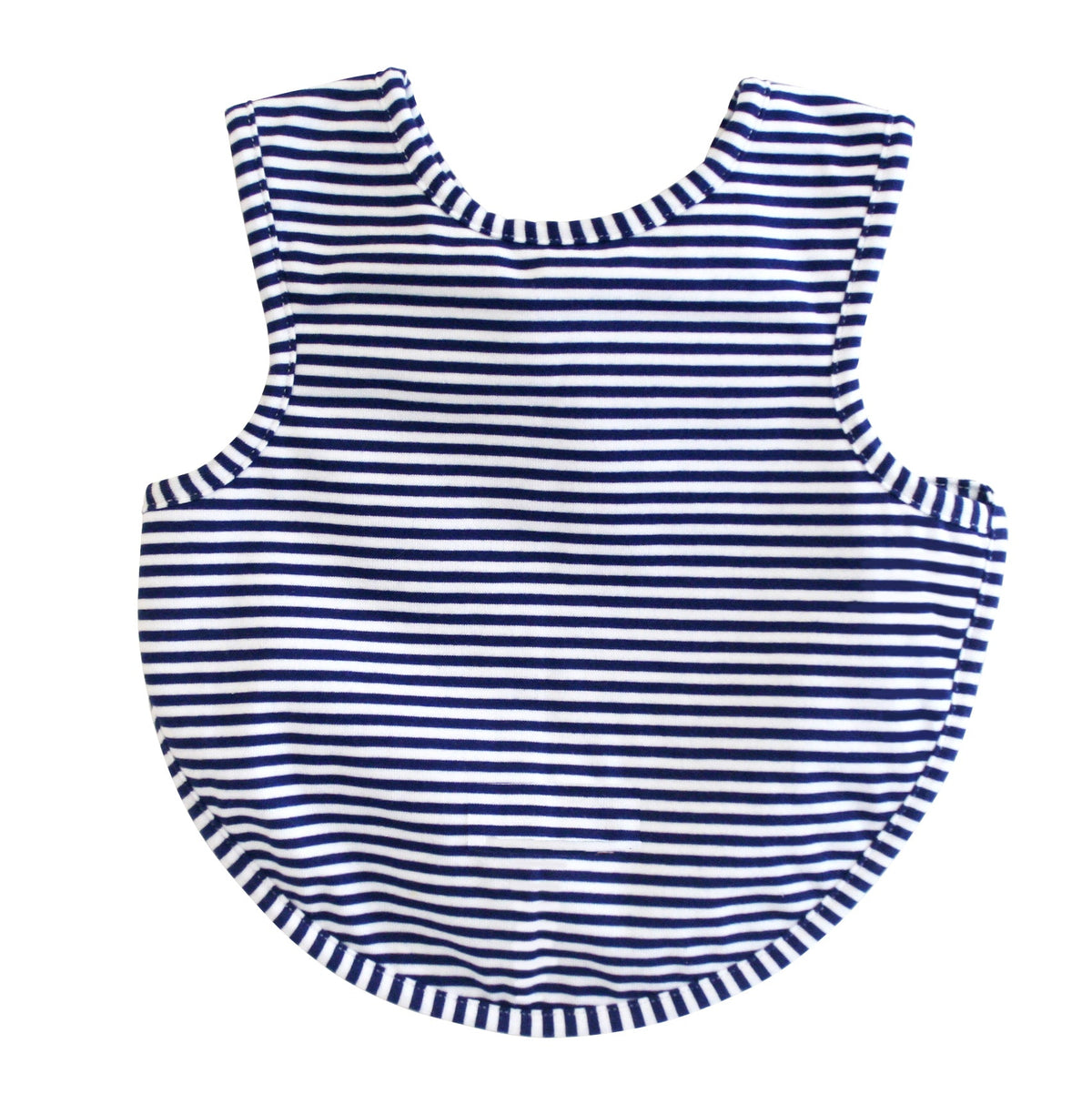 Navy and white striped toddler bib with arm holes and a rounded hem, front view