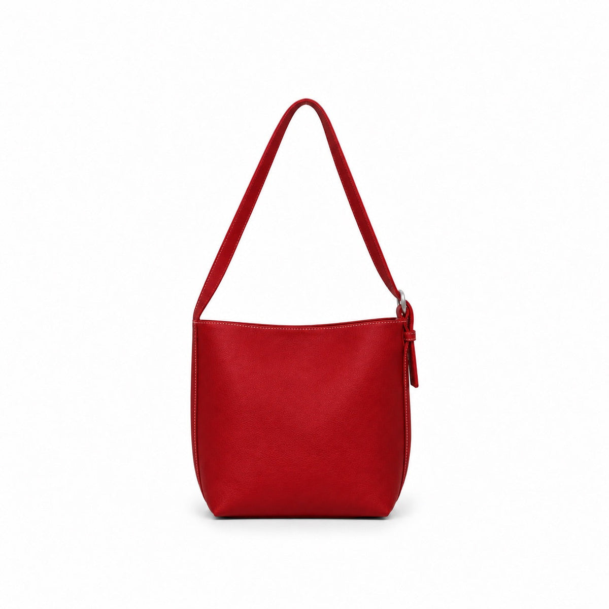 The other side of the red shoulder bag on its single strap.