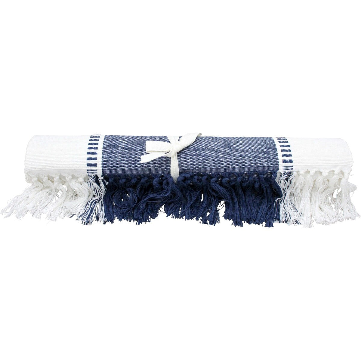 Navy table runner rolled and tied with a cream ribbon