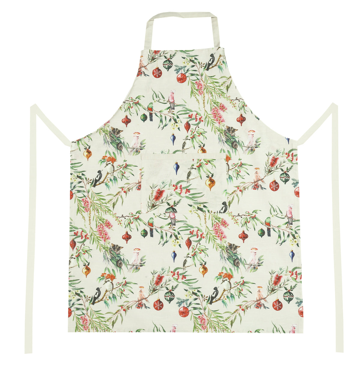 Australian Flora and Fauna apron with native flora, birds and baubles printed on cream, cream straps