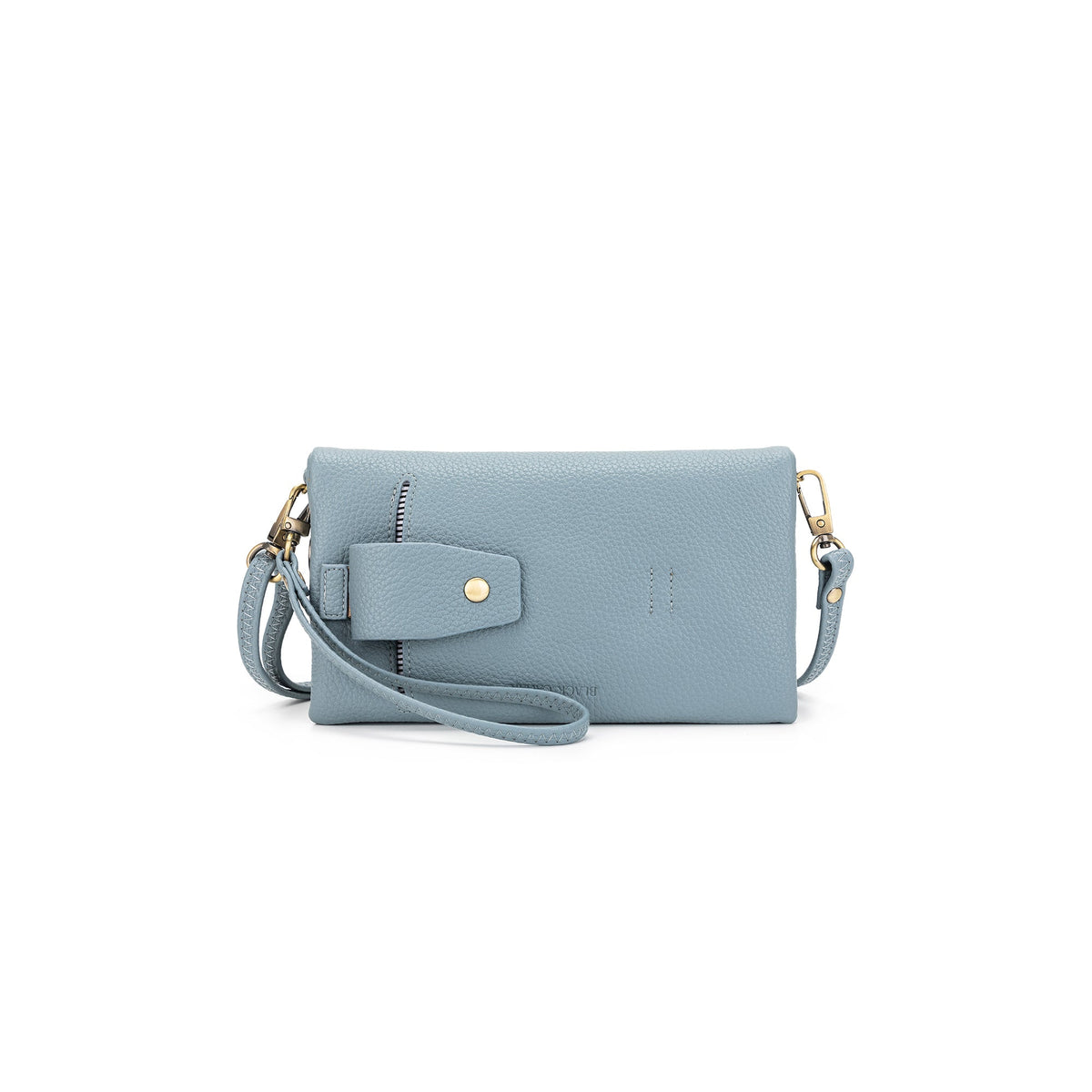 The pale blue wallet from the front, showing the press-stud tab and wrist strap.