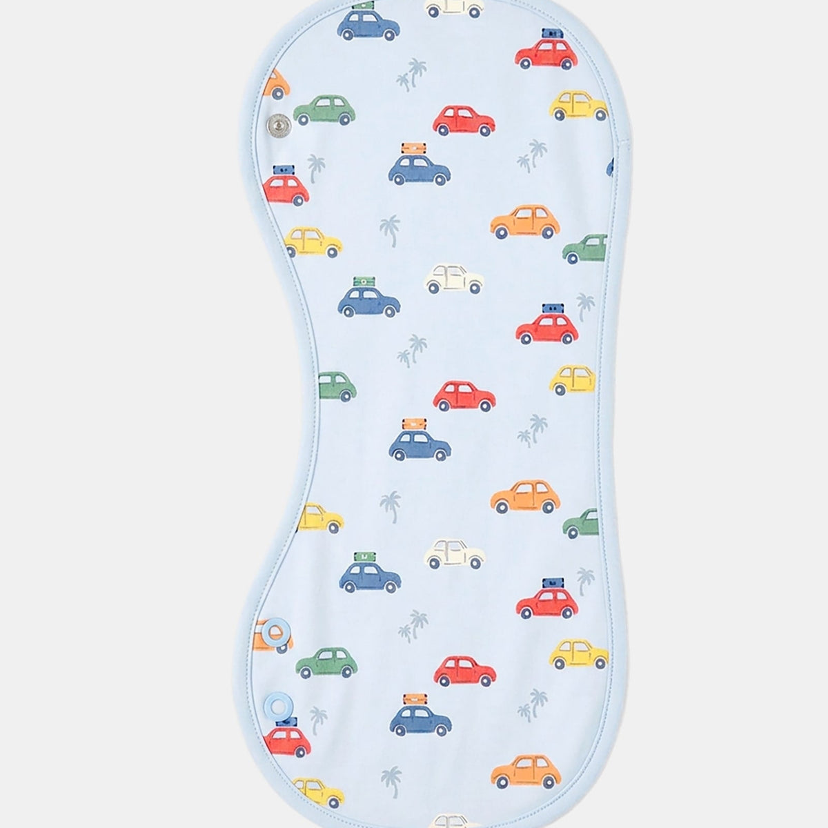 Toshi Arcadia Big Mini burp cloth, a long curved pale blue cotton cloth printed with colourful vintage cars and palm trees