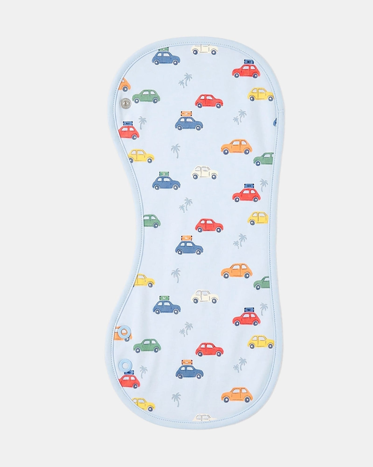 Toshi Arcadia Big Mini burp cloth, a long curved pale blue cotton cloth printed with colourful vintage cars and palm trees