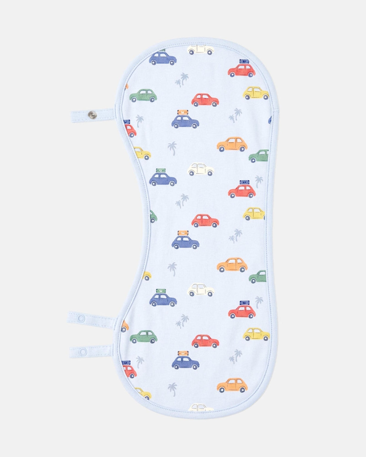 The burp cloth with its press-stud side tabs opened out