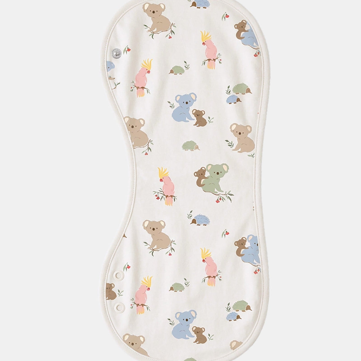 Toshi Arcadia Gumnut Babies burp cloth, a long curved cream cotton cloth printed with koalas, cockatoos and echidnas