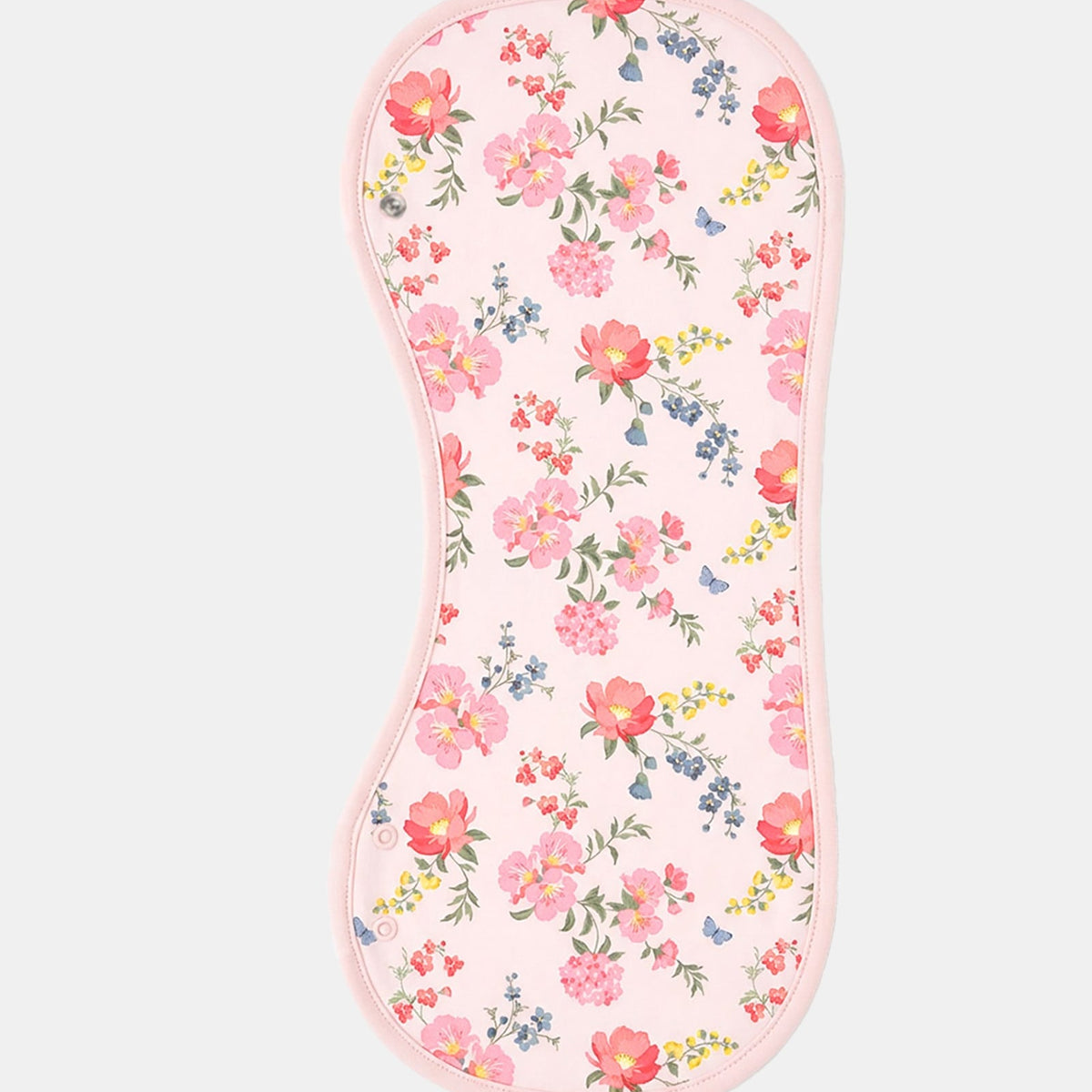 Toshi Arcadia Wild Garden burp cloth, a long curved pale pink cotton cloth printed with coral, pink and blue florals