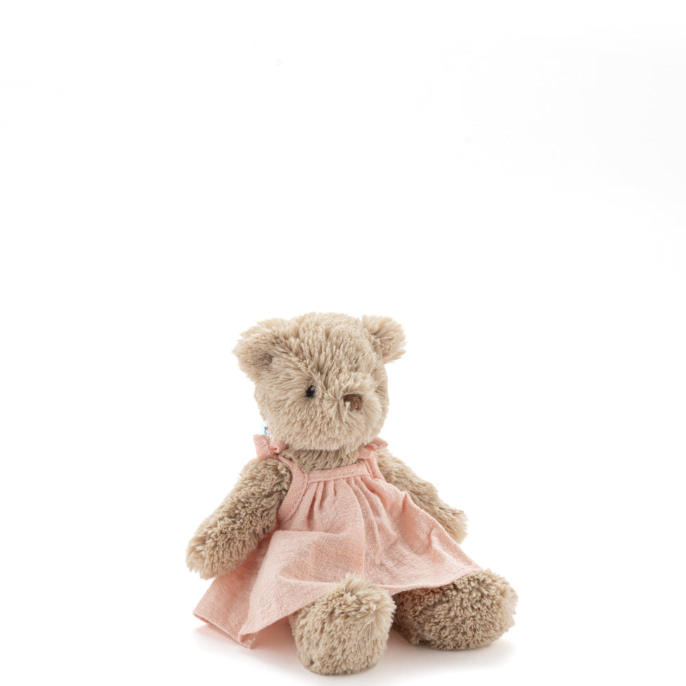 Small light brown teddy bear in a pale pink dress, sitting against white.