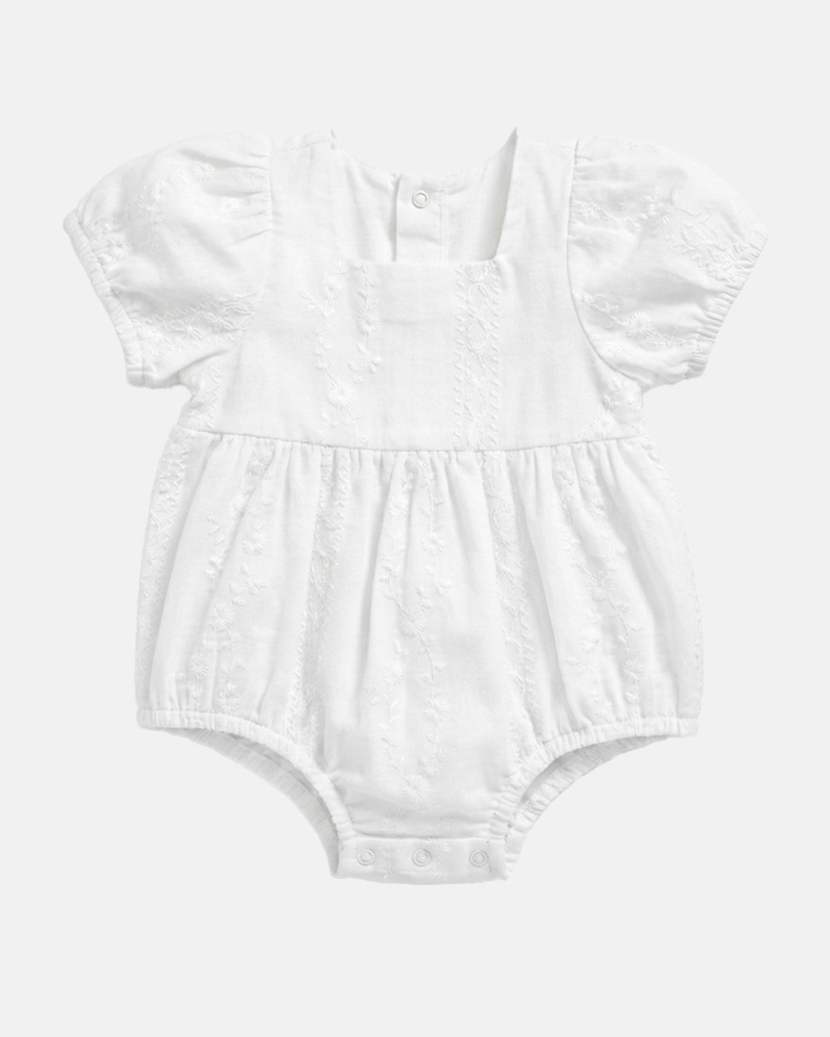 Toshi Florence romper in white embroidered cotton with puff sleeves and gathered legs