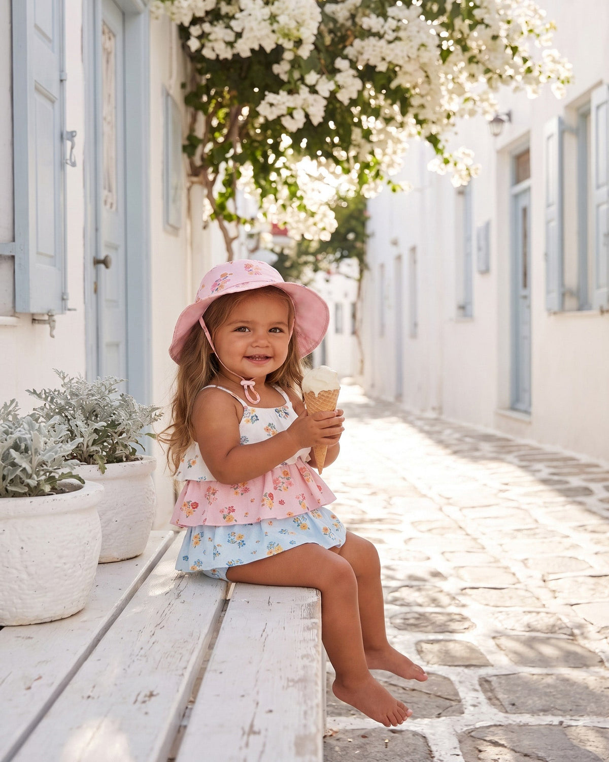 Toddler in the Maddie tiered romper and a pink sunhat, sitting on a white bench with an ice cream