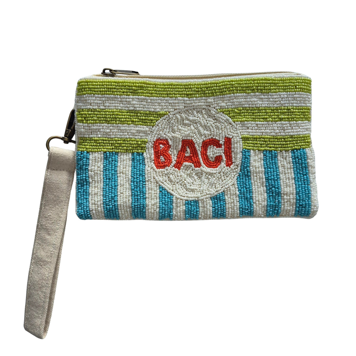 Beaded zip clutch with lime and white stripes over turquoise and white stripes, BACI in red-orange on a white circle, and a cream wrist strap clipped to one side.