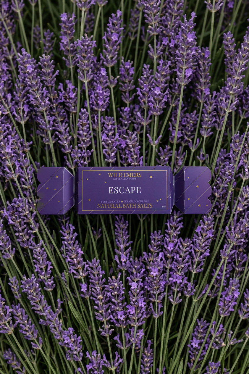 The Escape bon bon lying across a bed of lavender stems.