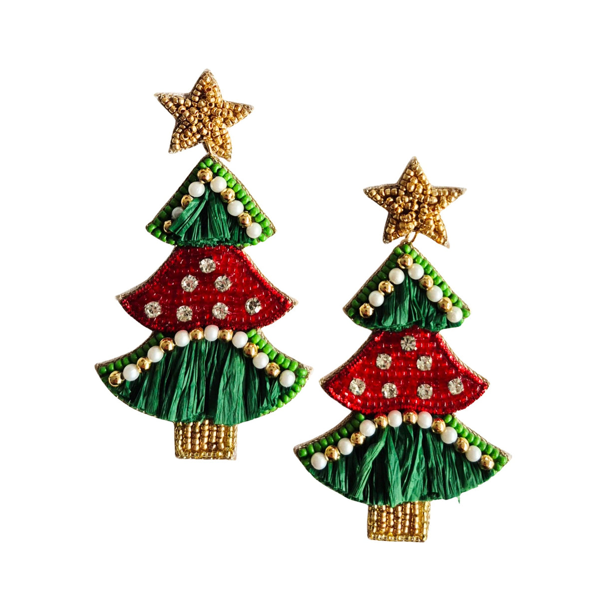 Pair of beaded Christmas tree earrings in green and red with a green fringe, pearl-look baubles and gold beaded stars on top.