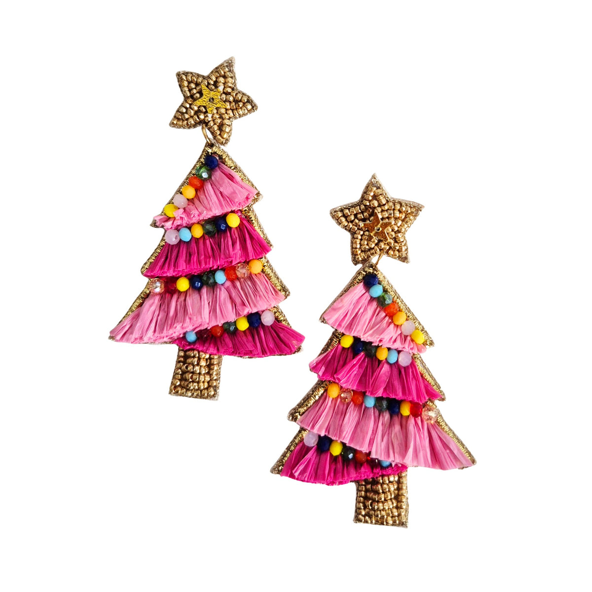 Pair of Christmas tree earrings layered in pink fringe with small coloured beads, gold beaded trunks and gold stars on top.