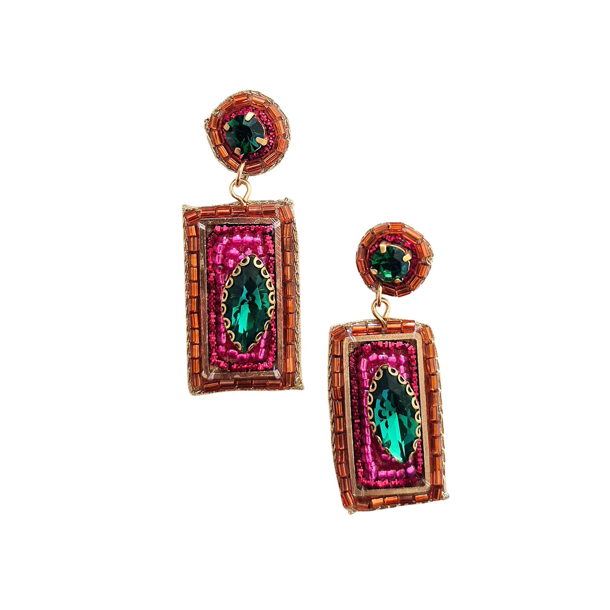 Pair of rectangular drop earrings in hot pink beads framed in copper-coloured beads, each set with a large green stone below a round stud.