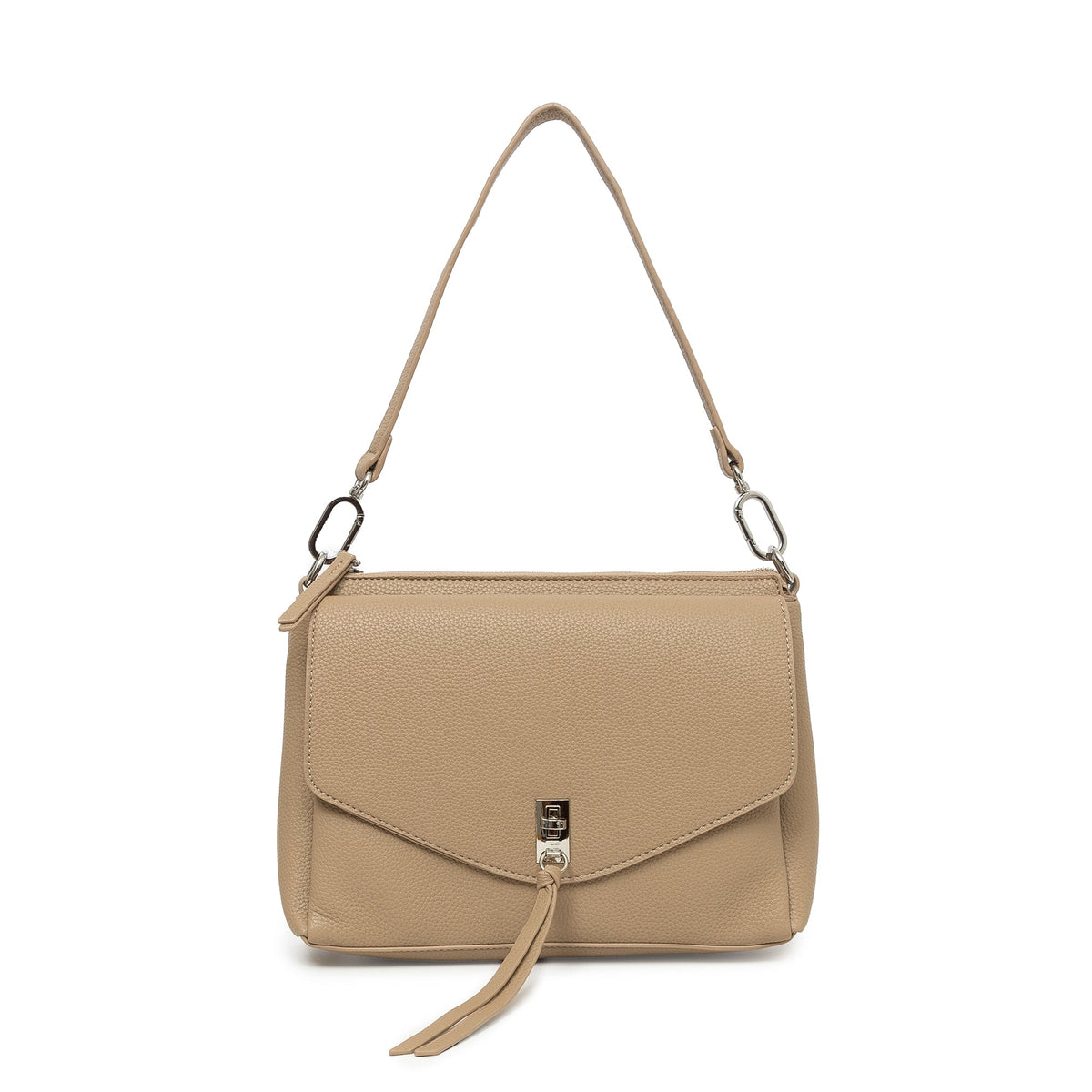 Biscuit-coloured shoulder bag with a flap front, a chrome clasp and a long tassel, on a short shoulder strap.