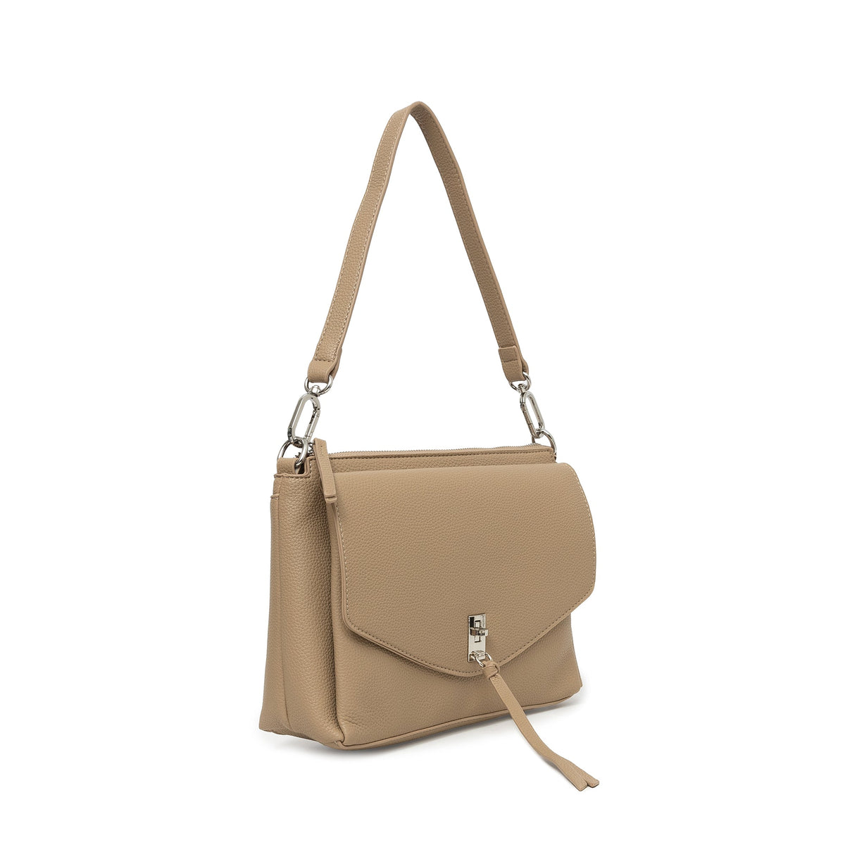 The biscuit bag at an angle, showing the flap and tassel.
