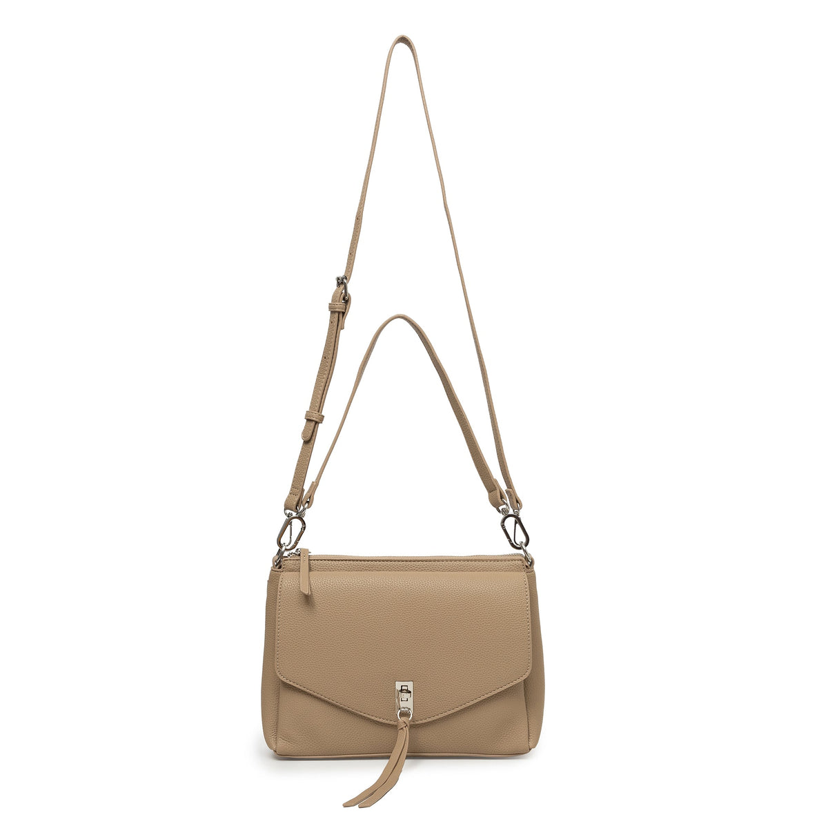 The biscuit bag with both straps attached, the shoulder strap and the longer cross body strap.